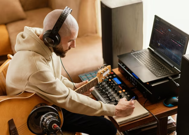 Man in headphones writes music