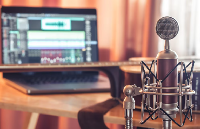 Professional microphone on blurred background at home