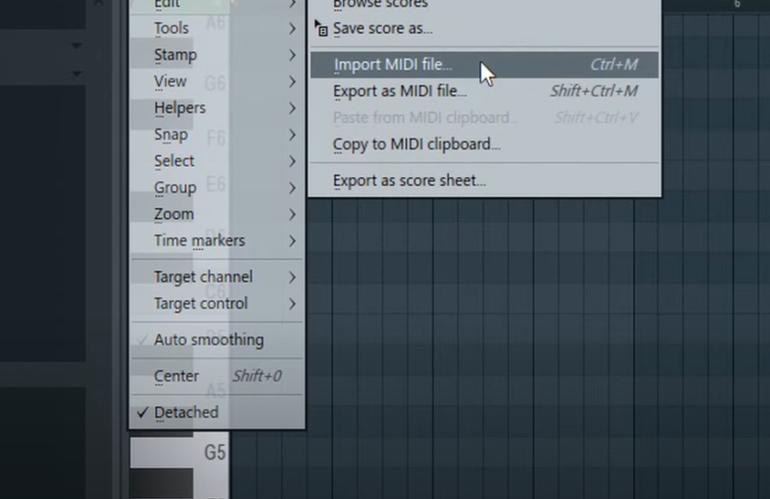 A screenshot of a music editing computer system displaying a dropdown menu with the cursor positioned on 'import MIDI file'