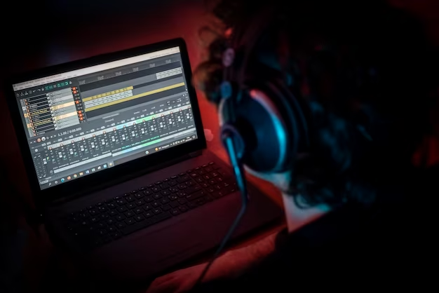 A man focused on his laptop, engaged in editing music using music editing software